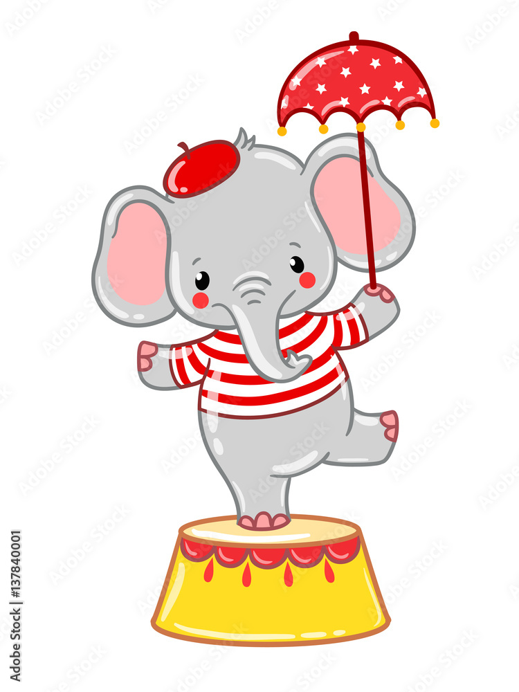 Circus elephant illustration. Circus elephant standing on a circus tub. Vector illustration.
