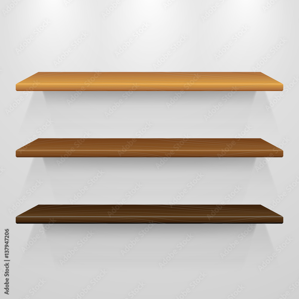 Set of 3d vector wooden shelves template on gray wall, vector illustration