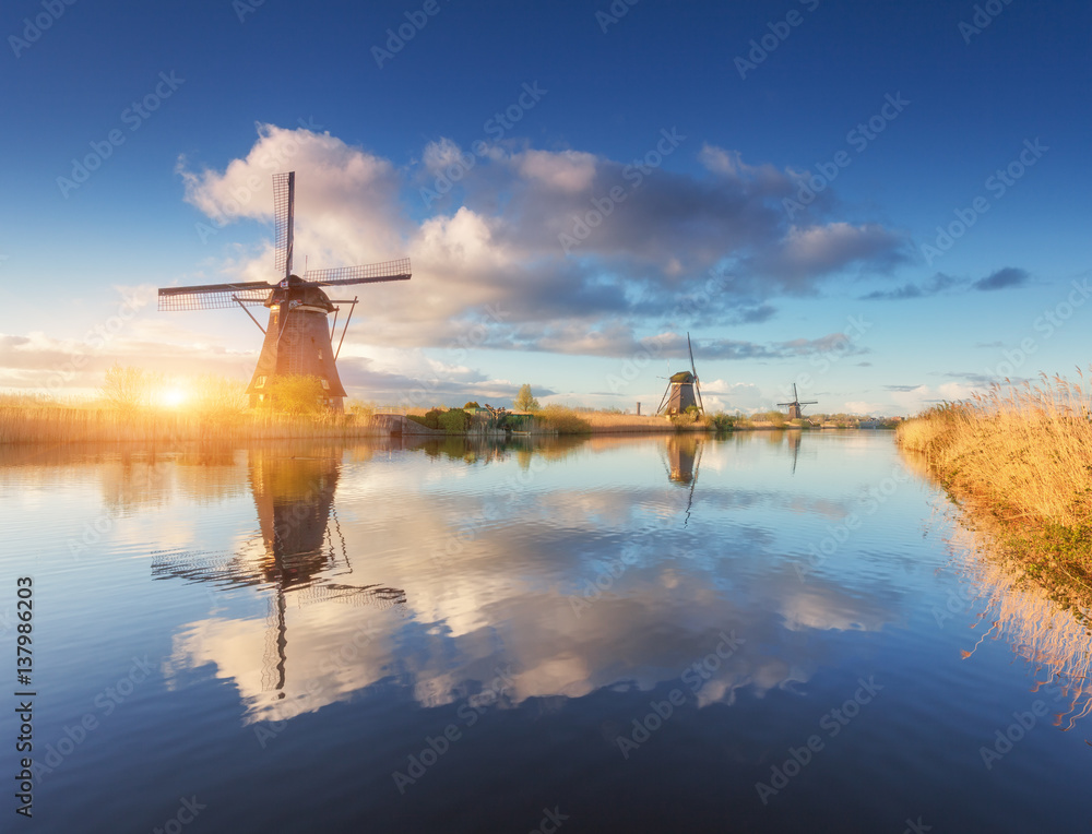 Windmills at sunrise. Rustic landscape with amazing dutch windmills near the water canals with blue 