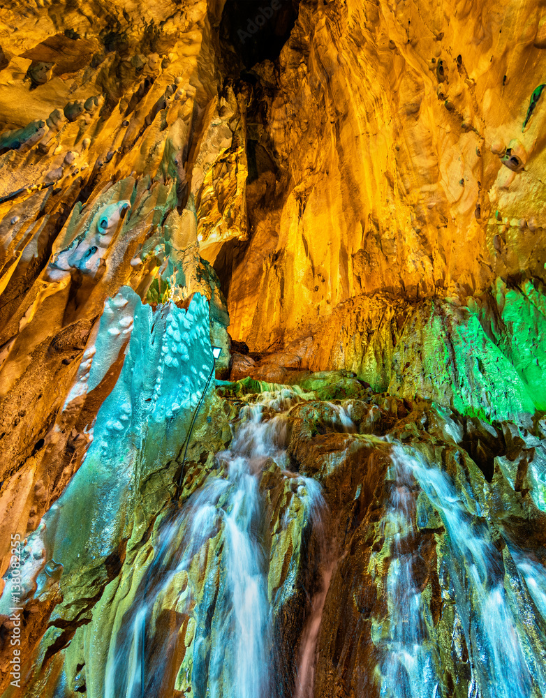 Waterfall inside the Ramayana Cave at Batu Caves, Kuala Lumpur