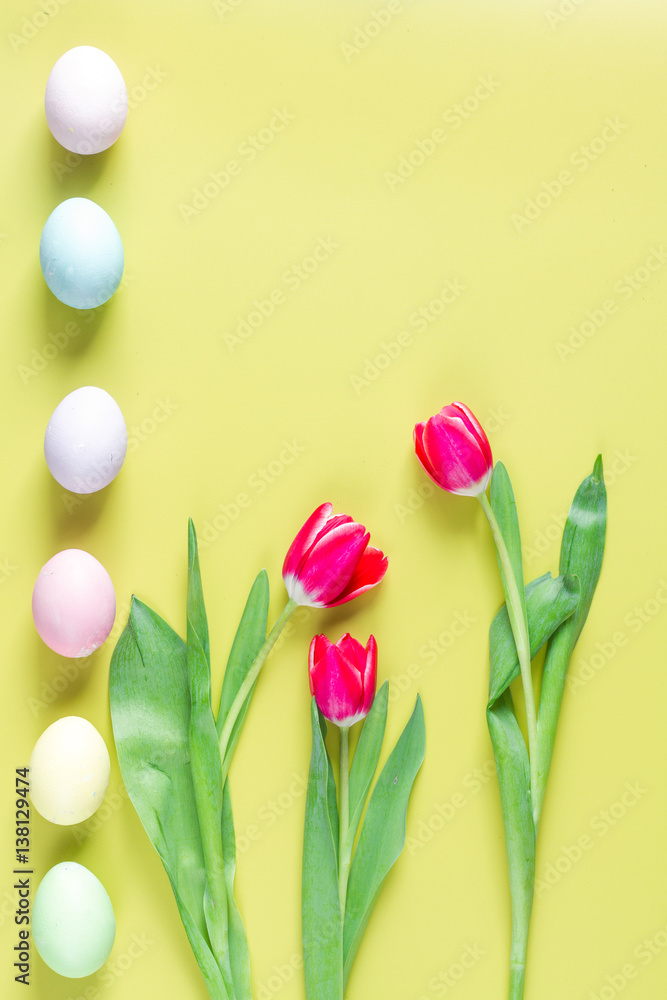 Easter concept on yellow background top view mockup