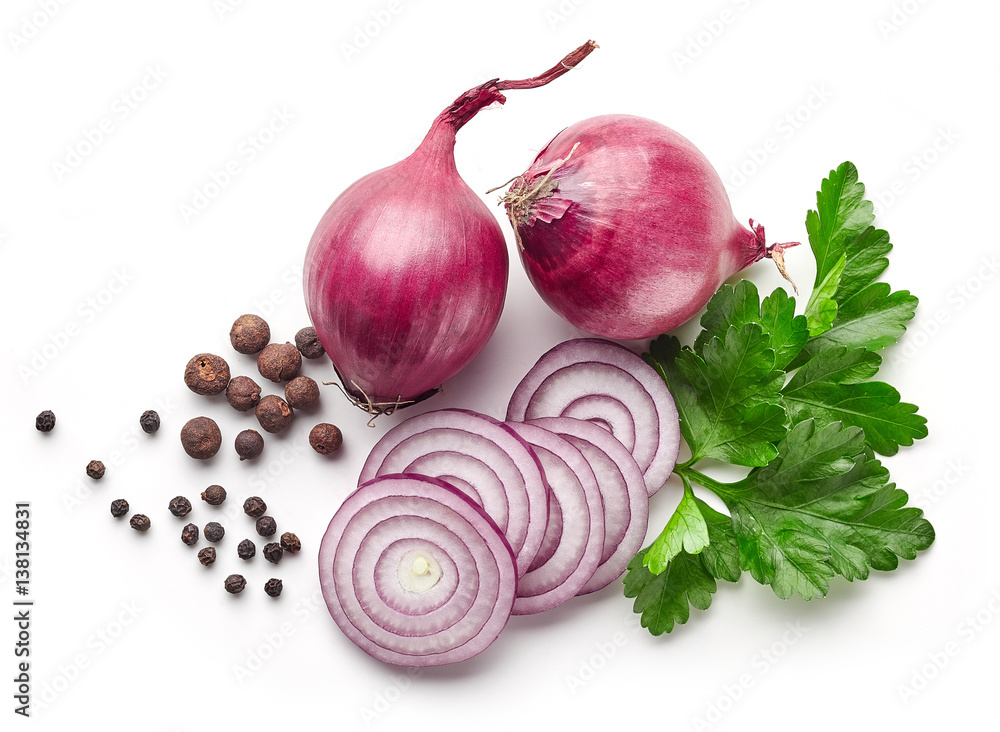 red onions and parsley on white background
