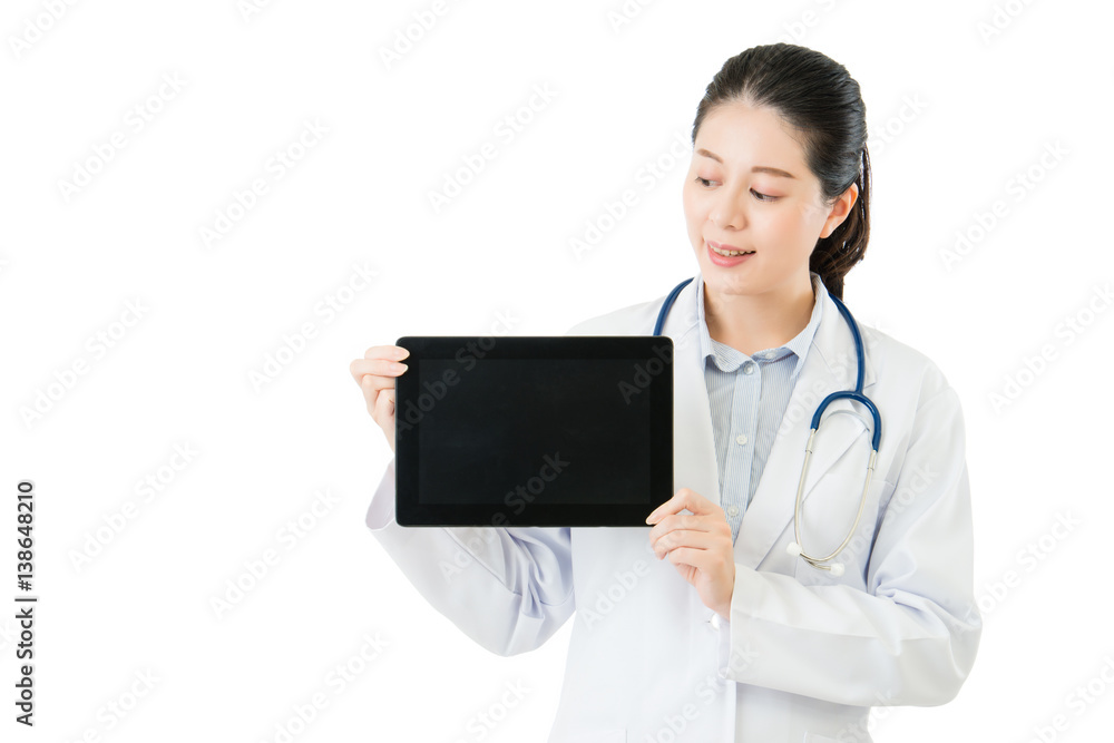 happy asian doctor showing blank digital tablet pad