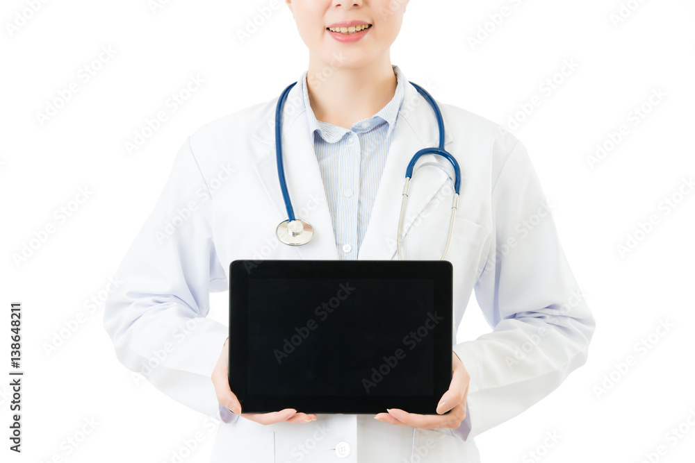 beauty asian doctor presenting blank digital tablet pad