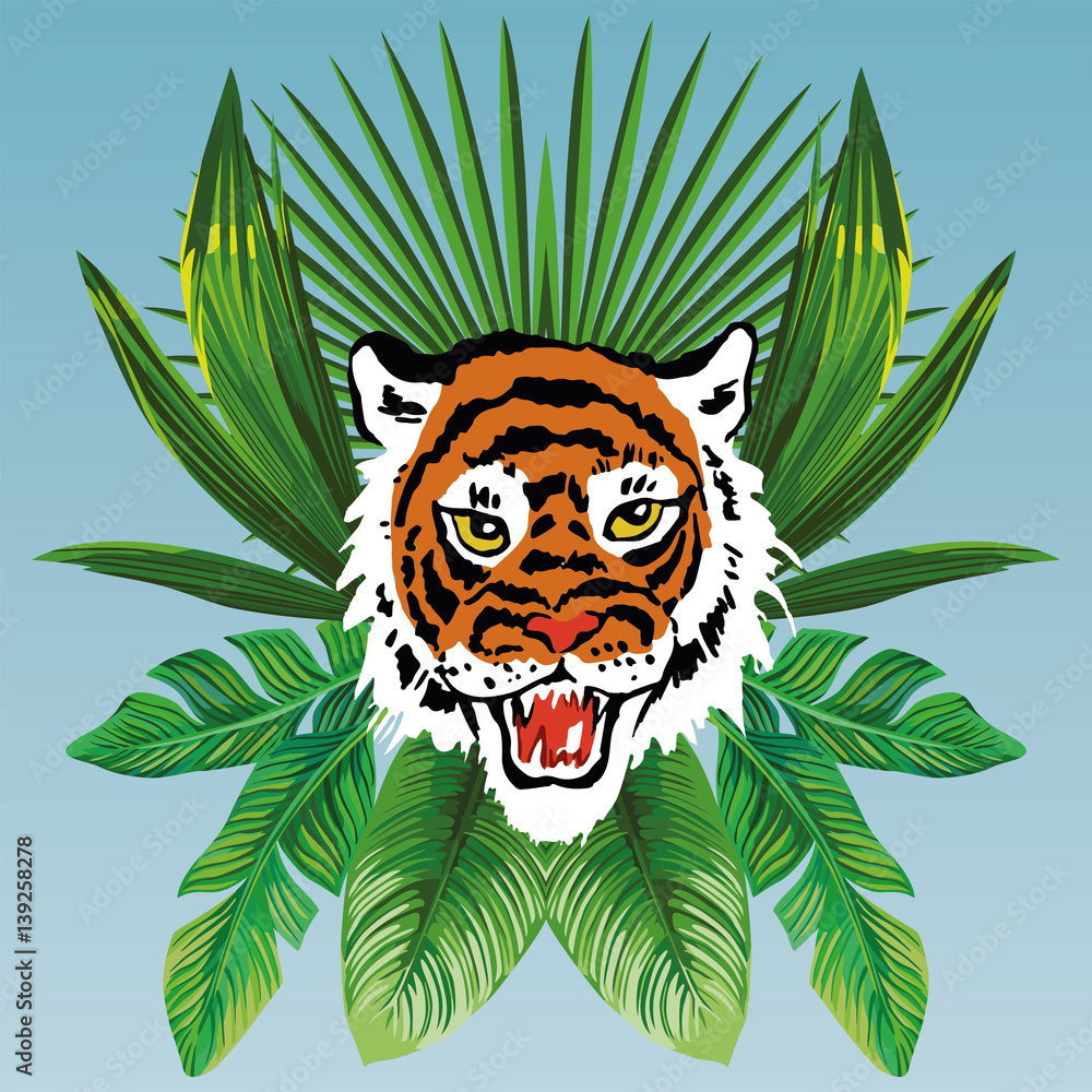tiger head on tropical leaves blue background