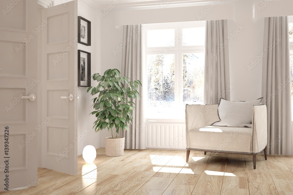 White room with armchair and winter landscape in window. Scandinavian interior design. 3D illustrati