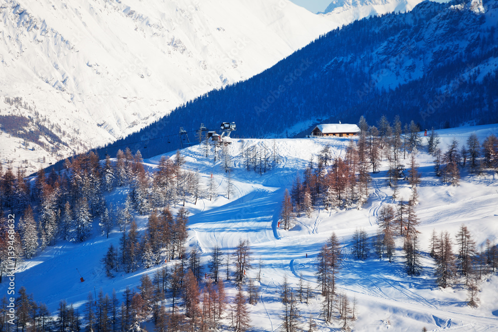 Beautiful mountain scene of slopes at ski resort