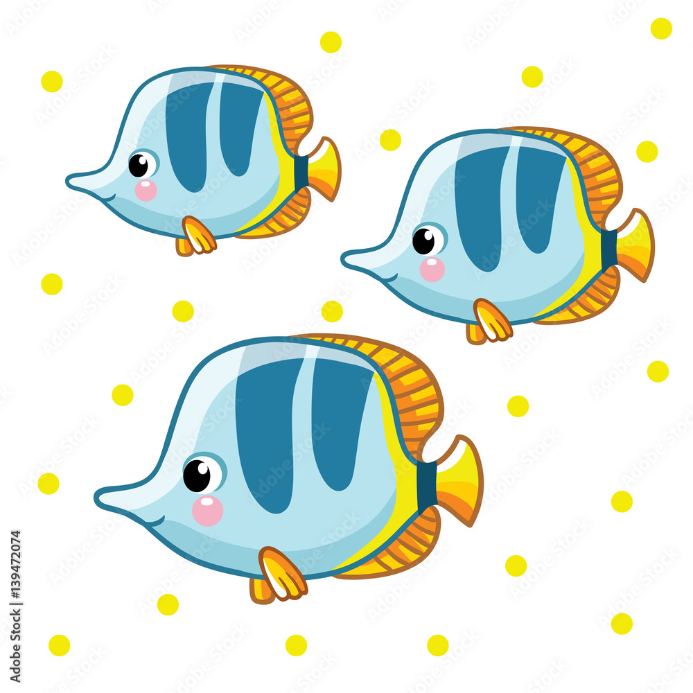 Colorful sea fish on white background with yellow points.