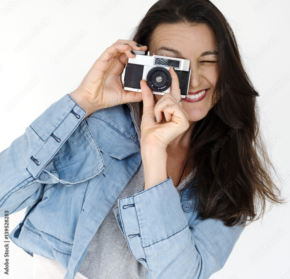 女性摄影师相机焦点摄影工作室肖像