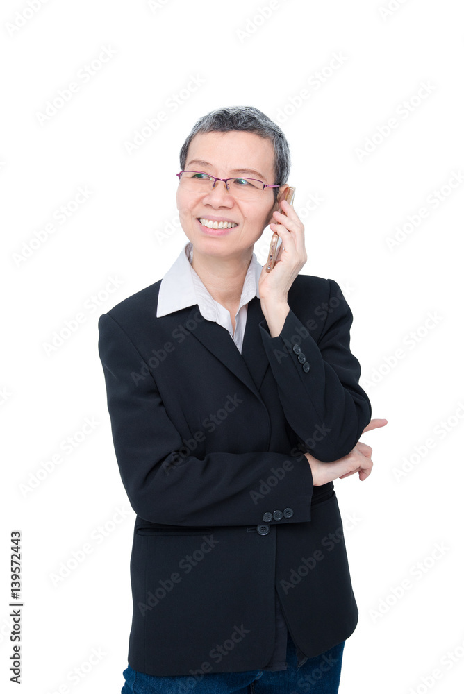 Senior asian businesswoman talking by cellphone over white