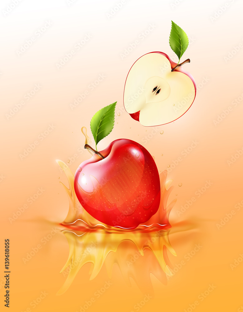 红苹果滴在果汁上飞溅和波纹，逼真的水果和酸奶，透明，矢量插图