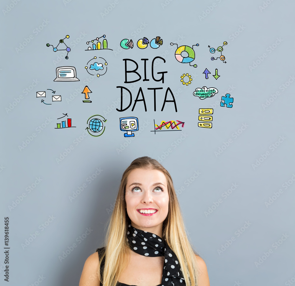 Big Data concept with happy young woman