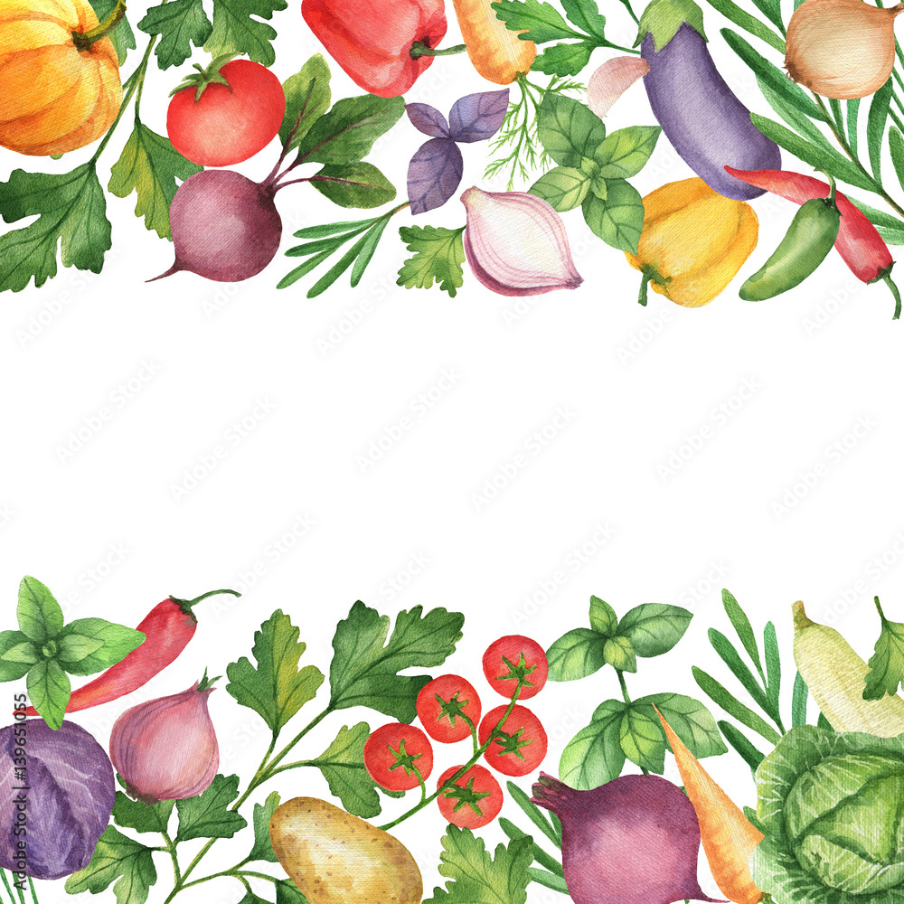 Watercolor vegetables and herbs isolated on white background.