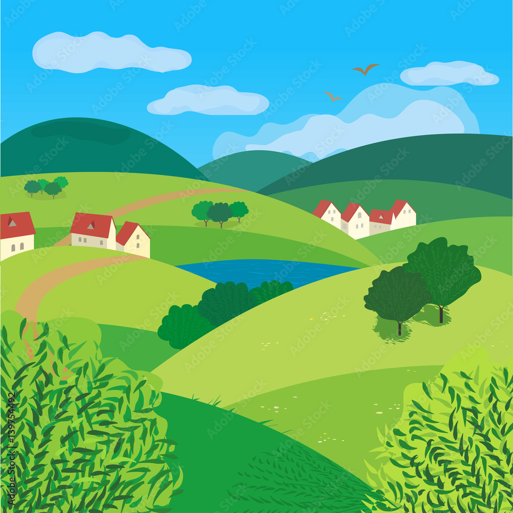 Green landscape. Freehand drawn cartoon outdoors style. Farm houses, country winding road on meadows