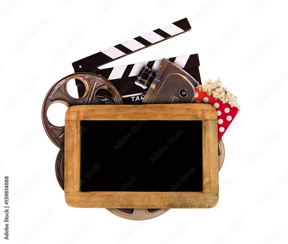 Retro film production accessories on white background