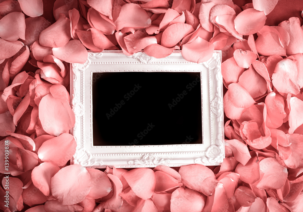 Empty photo frame with  sweet pink roses  petal  , romance and love card concept