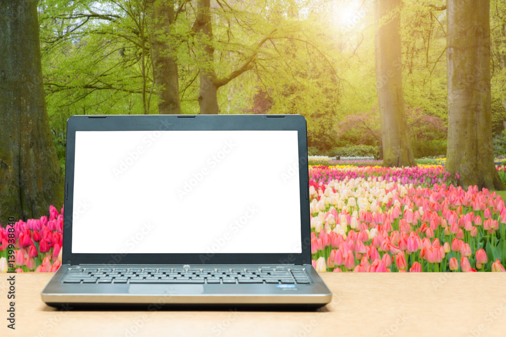 Laptop with blank screen on table with blur green nature in background. Technology concept.