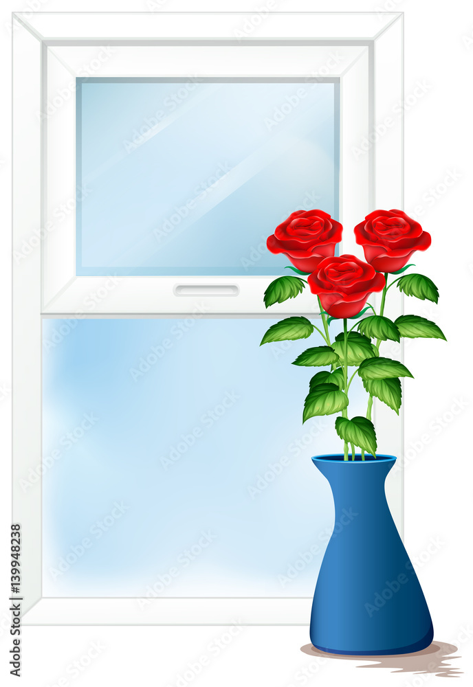 花瓶里有玫瑰的窗户场景