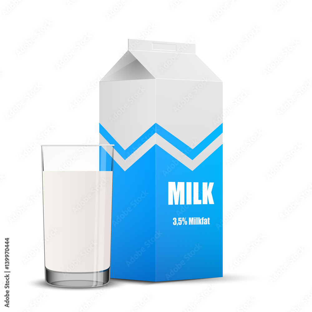 Cardboard package and glass with milk, vector, isolated on white