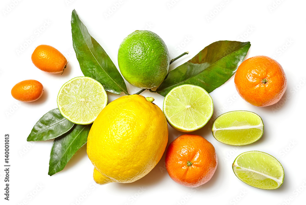 白色背景下的各种柑橘类水果