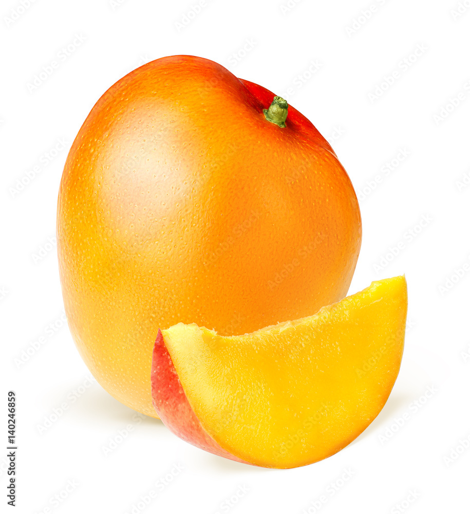 Isolated Slices of mango with mango fruit on white background by clipping path.