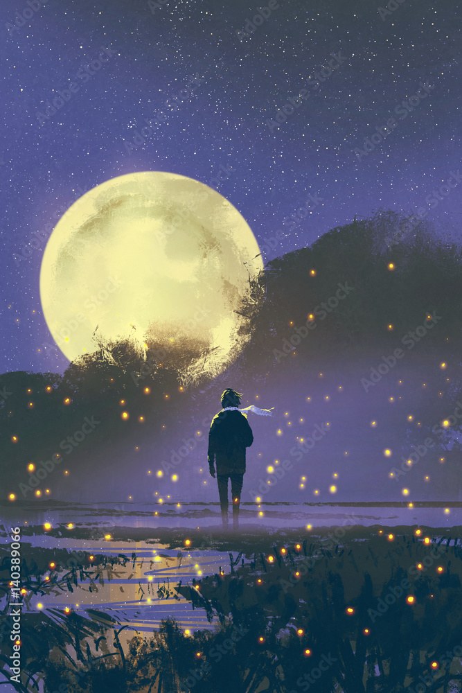 背景是萤火虫和满月，站在沼泽中的人的夜景，插图画