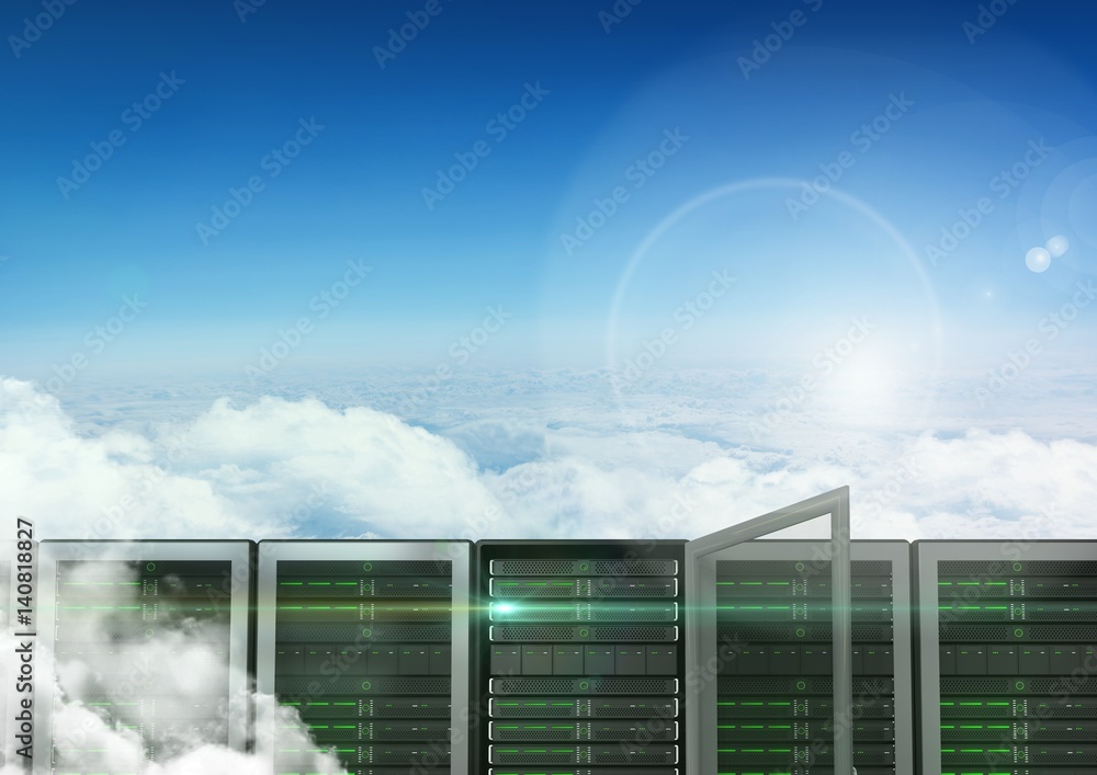 Data base server against sky in background