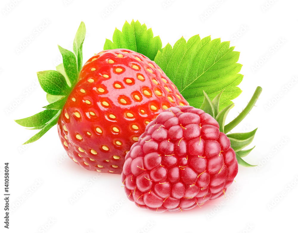 Isolated berries. Strawberry and raspberry fruits isolated on white background with clipping path