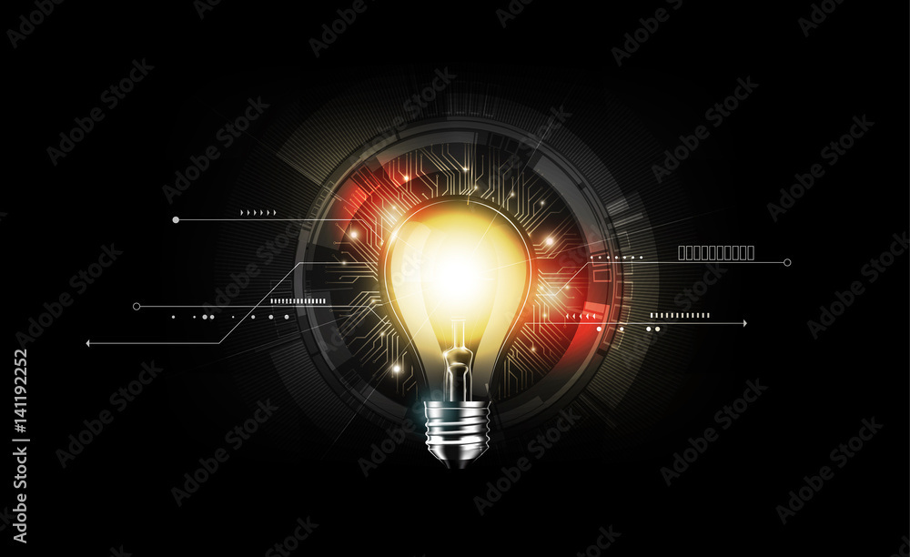 在黑暗背景下采用技术概念和未来电子技术的发光灯泡，tr