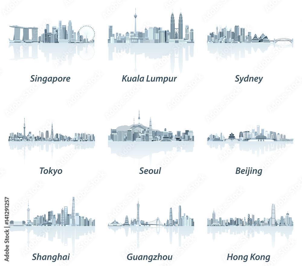 vector illustrations of Singapore, Kuala Lumpur, Sydney, Tokyo, Seoul, Beijing, Shanghai, Guangzhou 