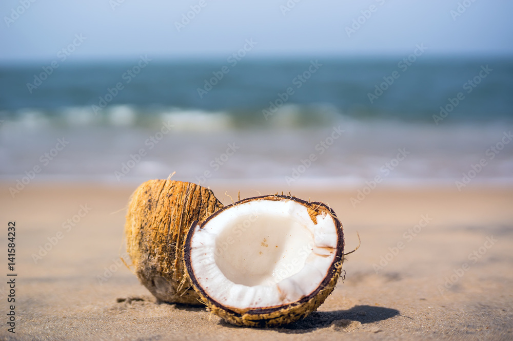 美丽的成熟椰子，湖面一分为二，躺在白色沙滩上