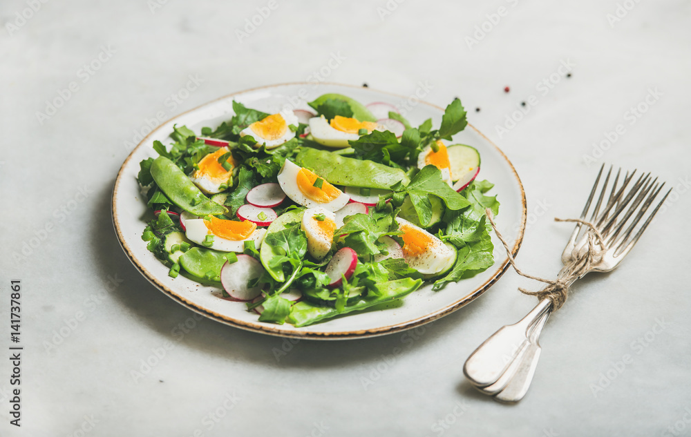 健康的春季绿色沙拉，白盘子里有萝卜、煮鸡蛋、芝麻菜、青豆和薄荷