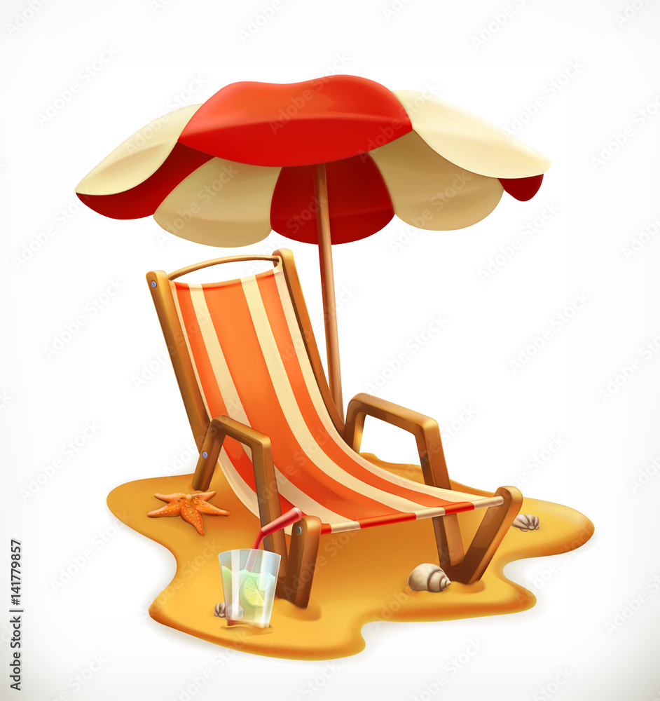 沙滩伞和躺椅，三维矢量图标
