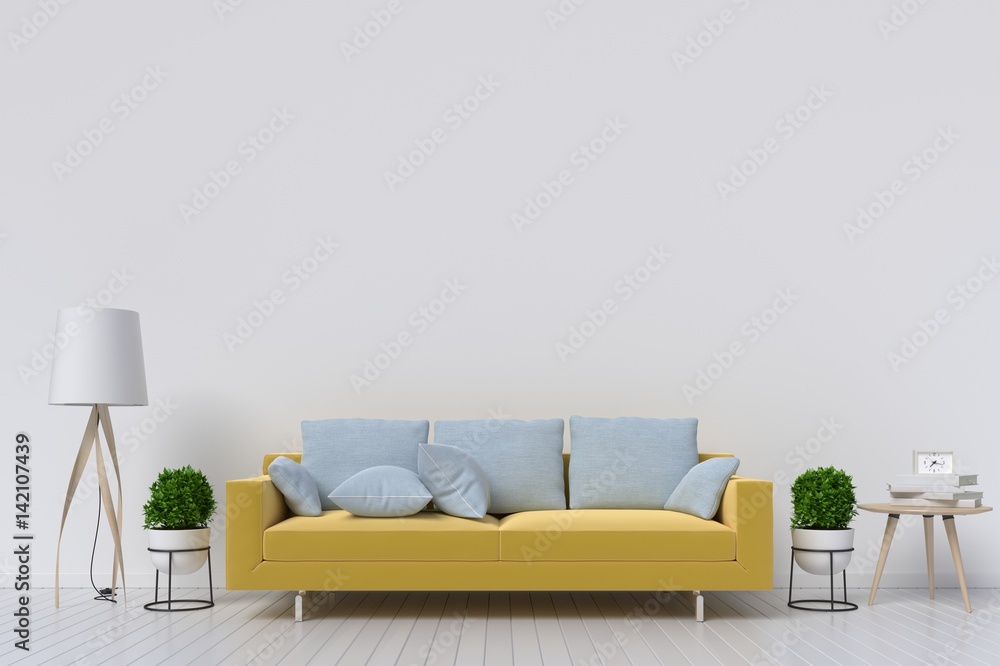 White living room interior with Yellow fabric sofa ,lamp and plants on empty white wall background.3