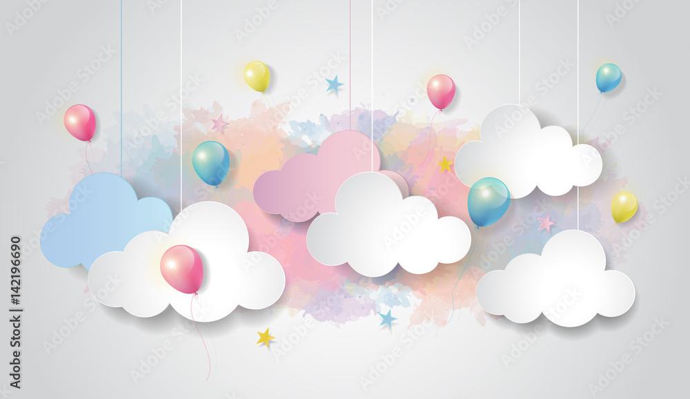 水彩天空背景下的彩色气球和云朵，剪纸设计风格，矢量插图