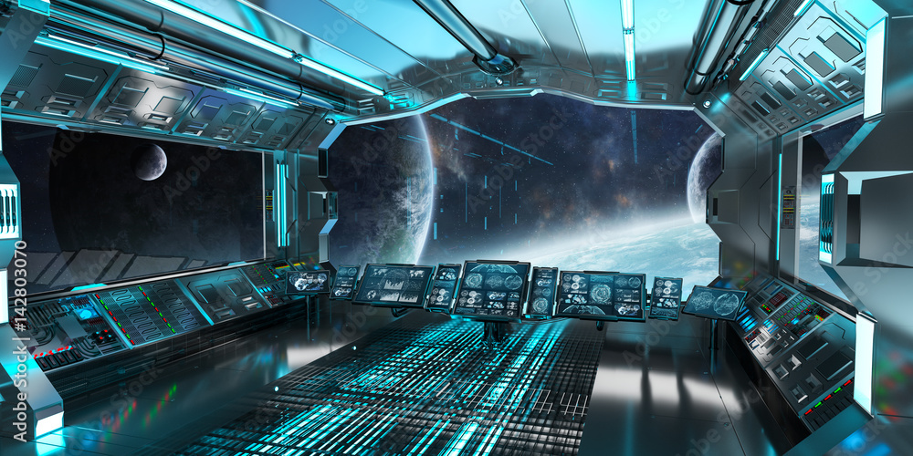 太空船内部，可看到遥远的行星系统，提供该图像的3D渲染元素