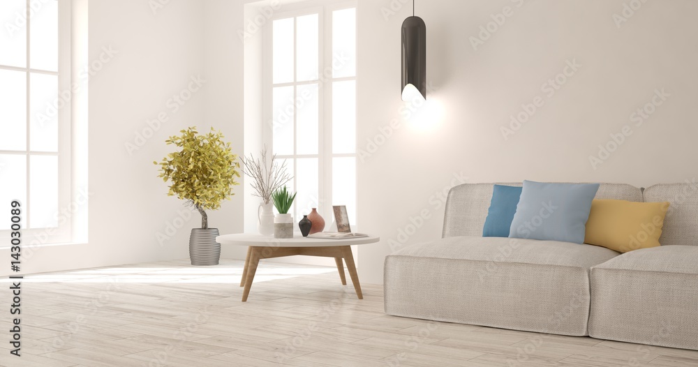 带沙发的白色现代房间。斯堪的纳维亚室内设计。3D插图