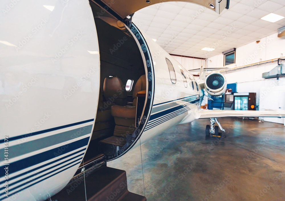 Private jet in a hangar
