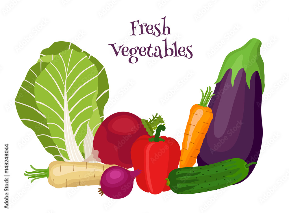 Fresh vegetables - bok choy, eggplant, carrot, cucumber, onion, bell pepper.