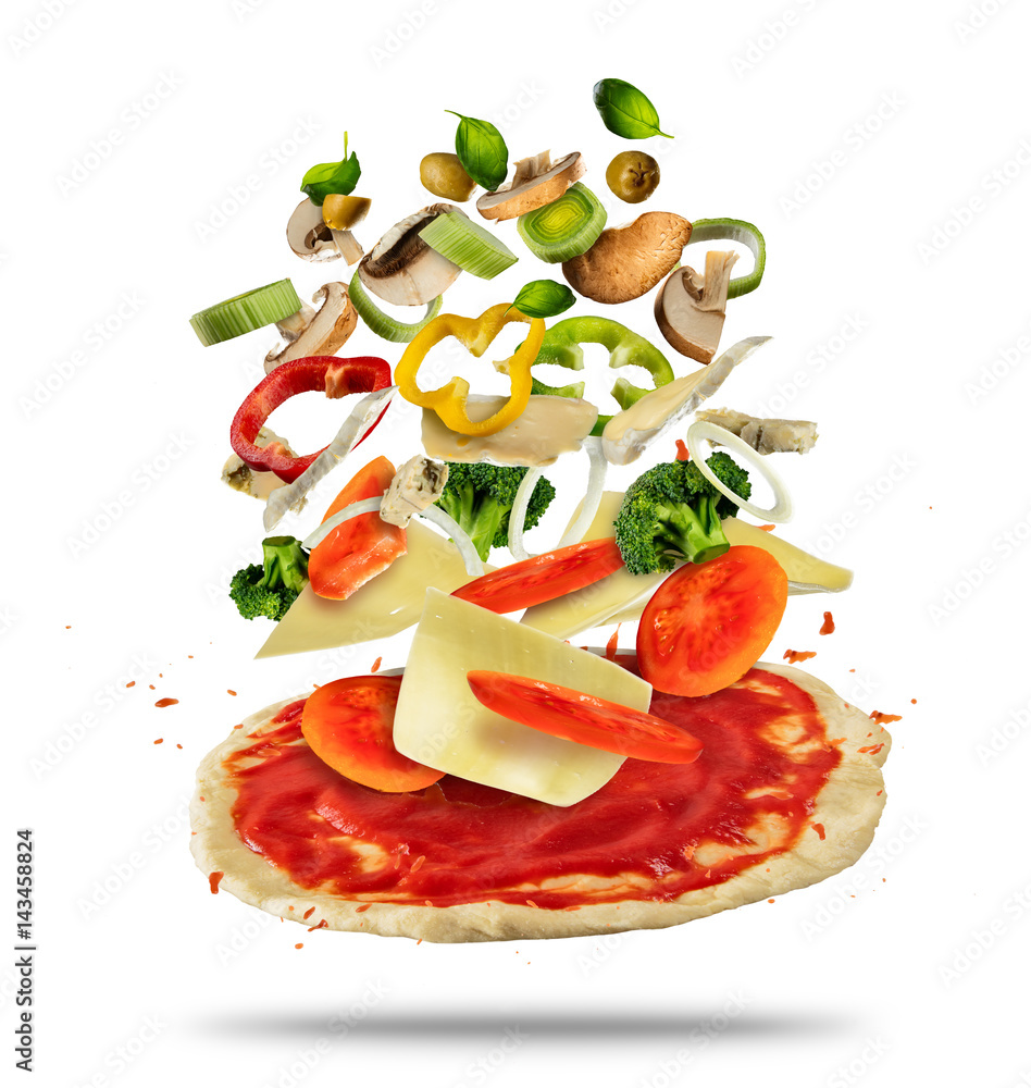 Flying ingredients with pizza dough, on white background