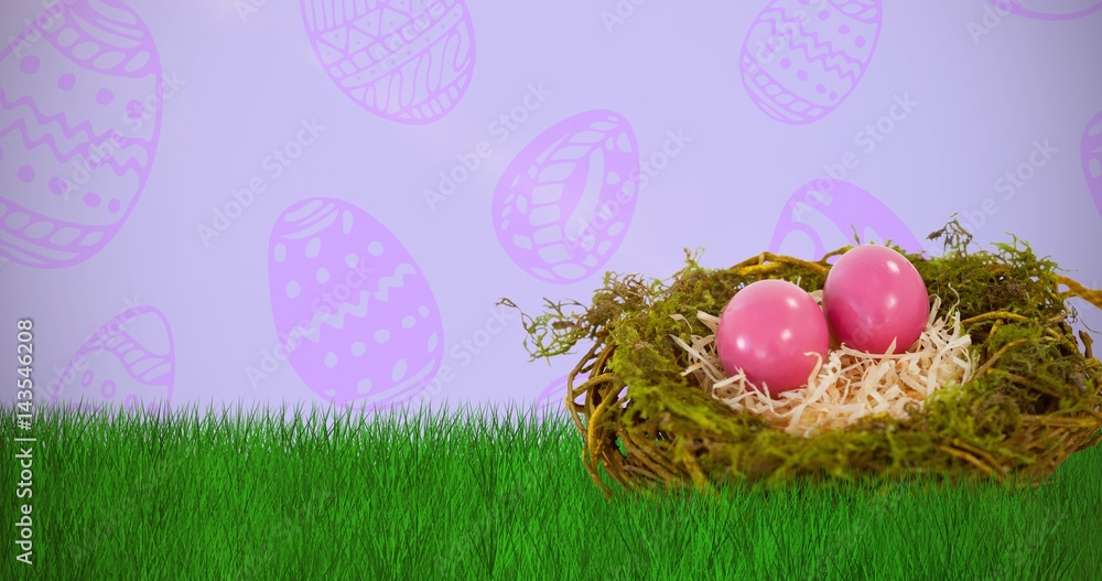 Composite image of pink easter eggs on artificial nest