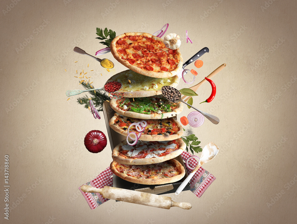 Pizza with different tastes with vegetables, cooking