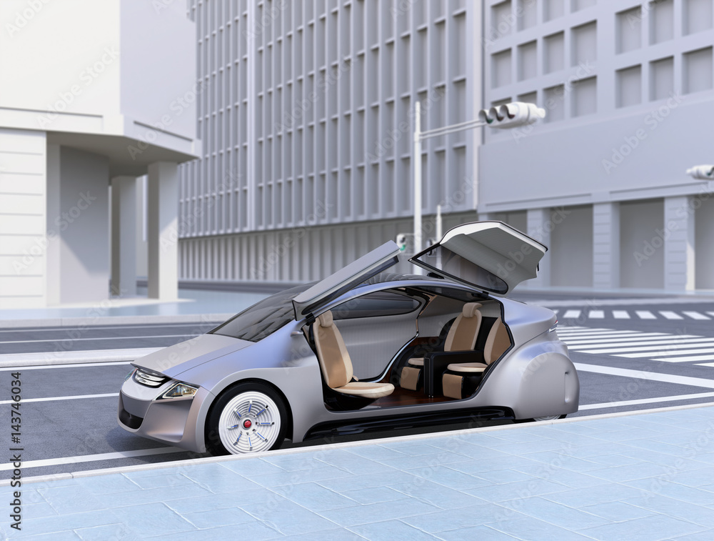银色自动驾驶汽车停在路边。3D渲染图像。