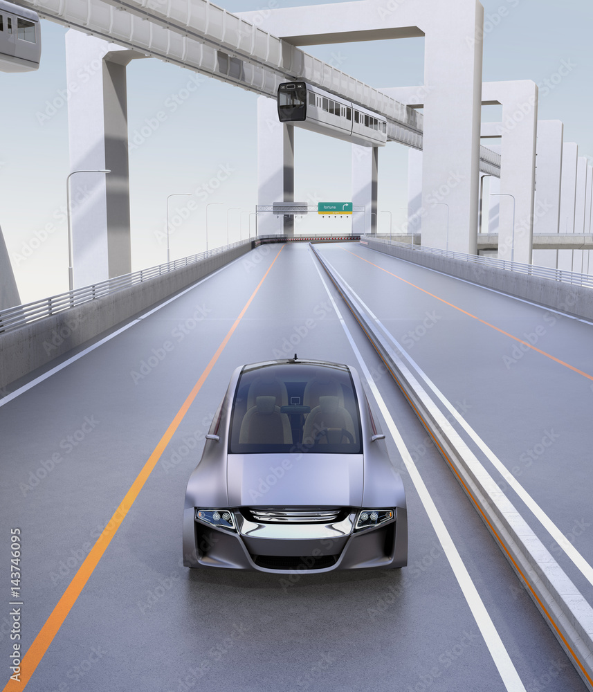 银色自动驾驶汽车在高速公路上行驶的前视图，背景为单轨。3D渲染