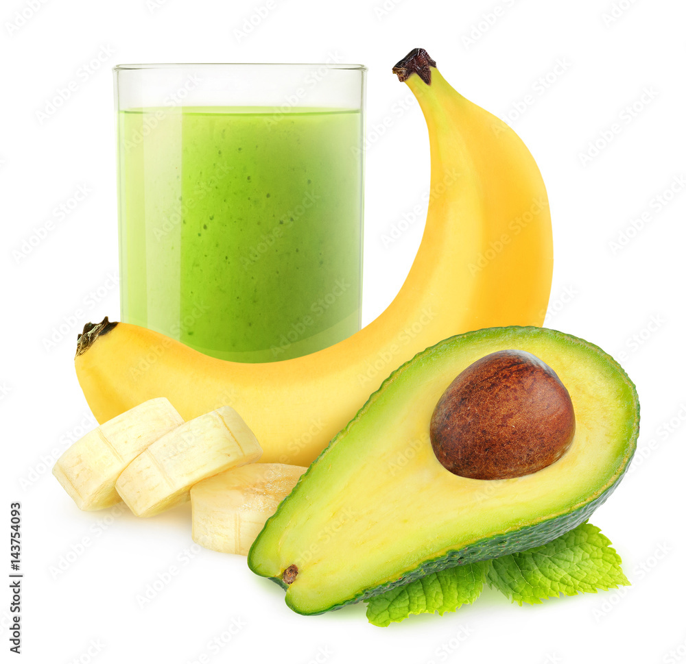 Isolated drink. Avocado banana smoothie isolated on white background with clipping path