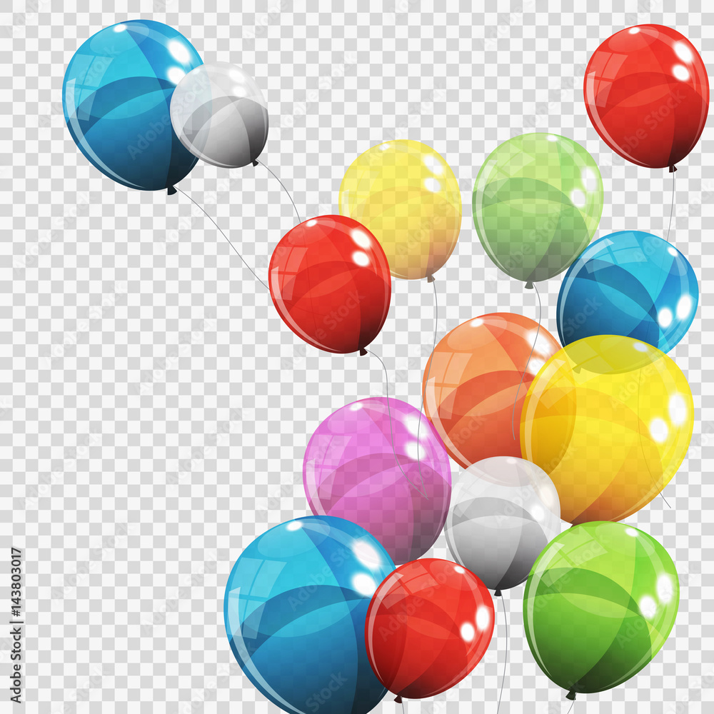 在透明B上隔离的一组彩色光泽氦气球