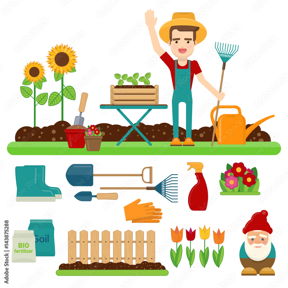 Vector illustrations with rural landscape, gardener and gardening tools
