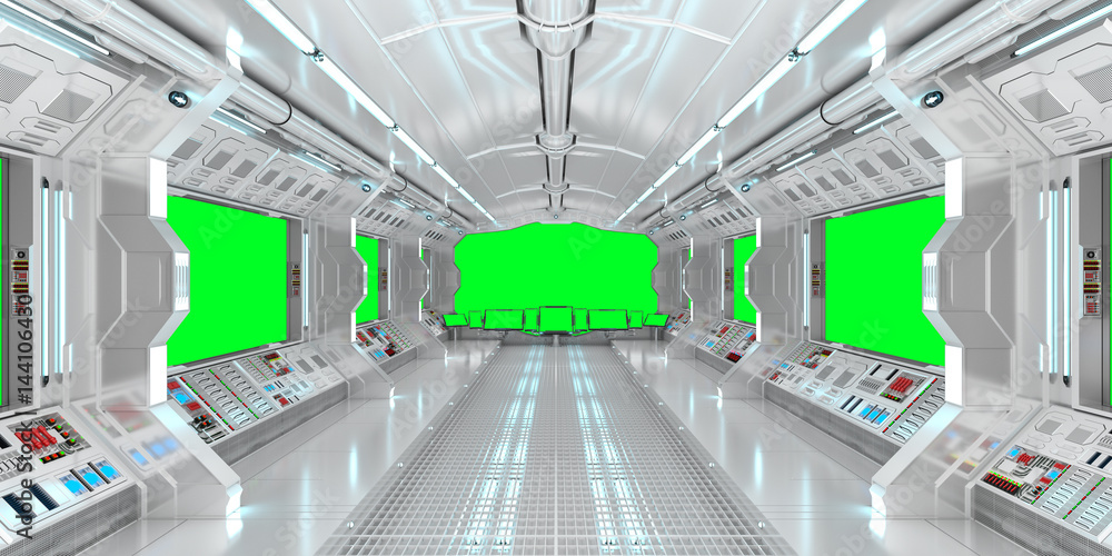 太空船内部绿色窗口视图3D渲染