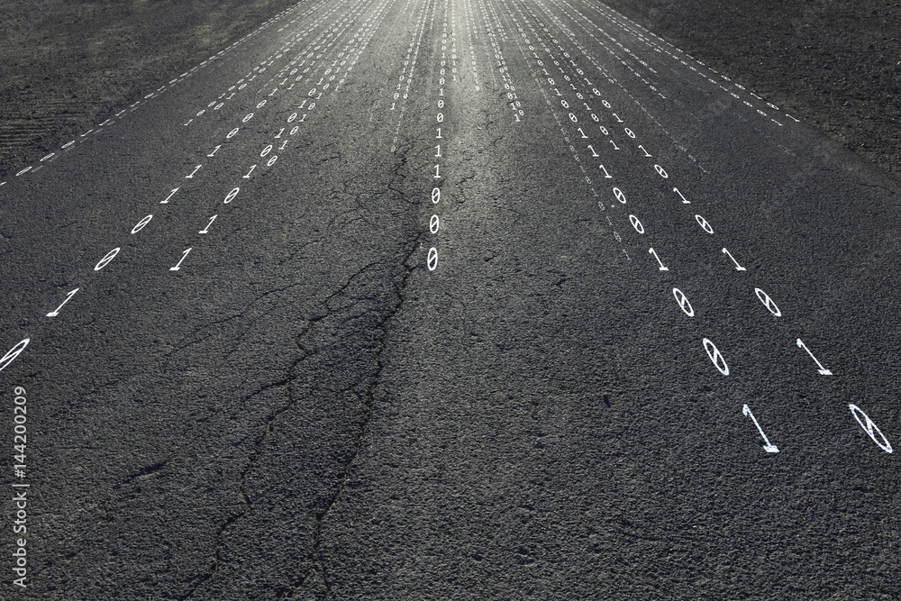 Concept binary code numbers travel information on black textured sunny asphalt road. Conceptual info
