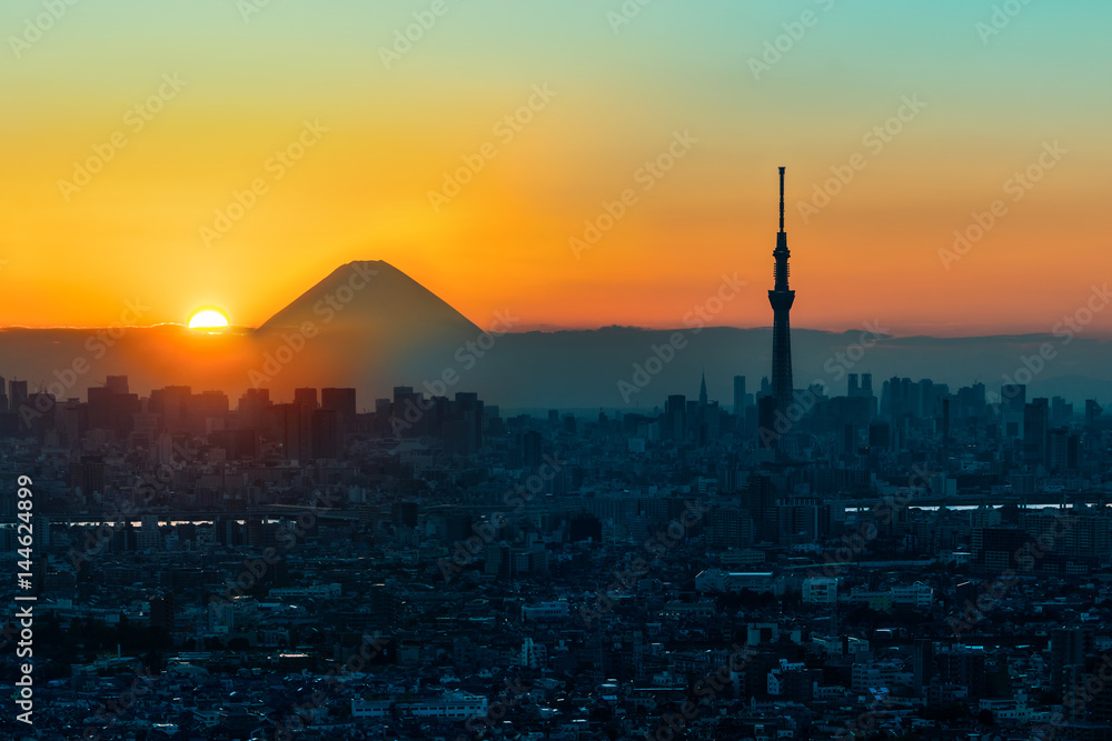 东京日落的富士山和东京天空之树